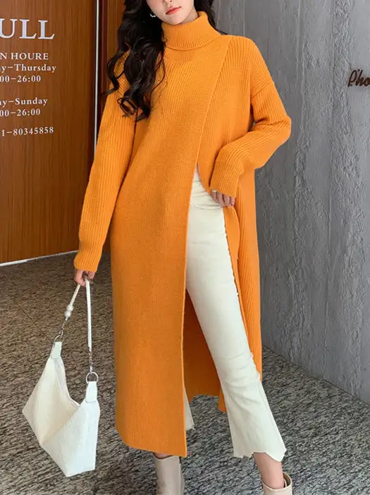 Modern Split Front High Neck Long Sleeve Sweater