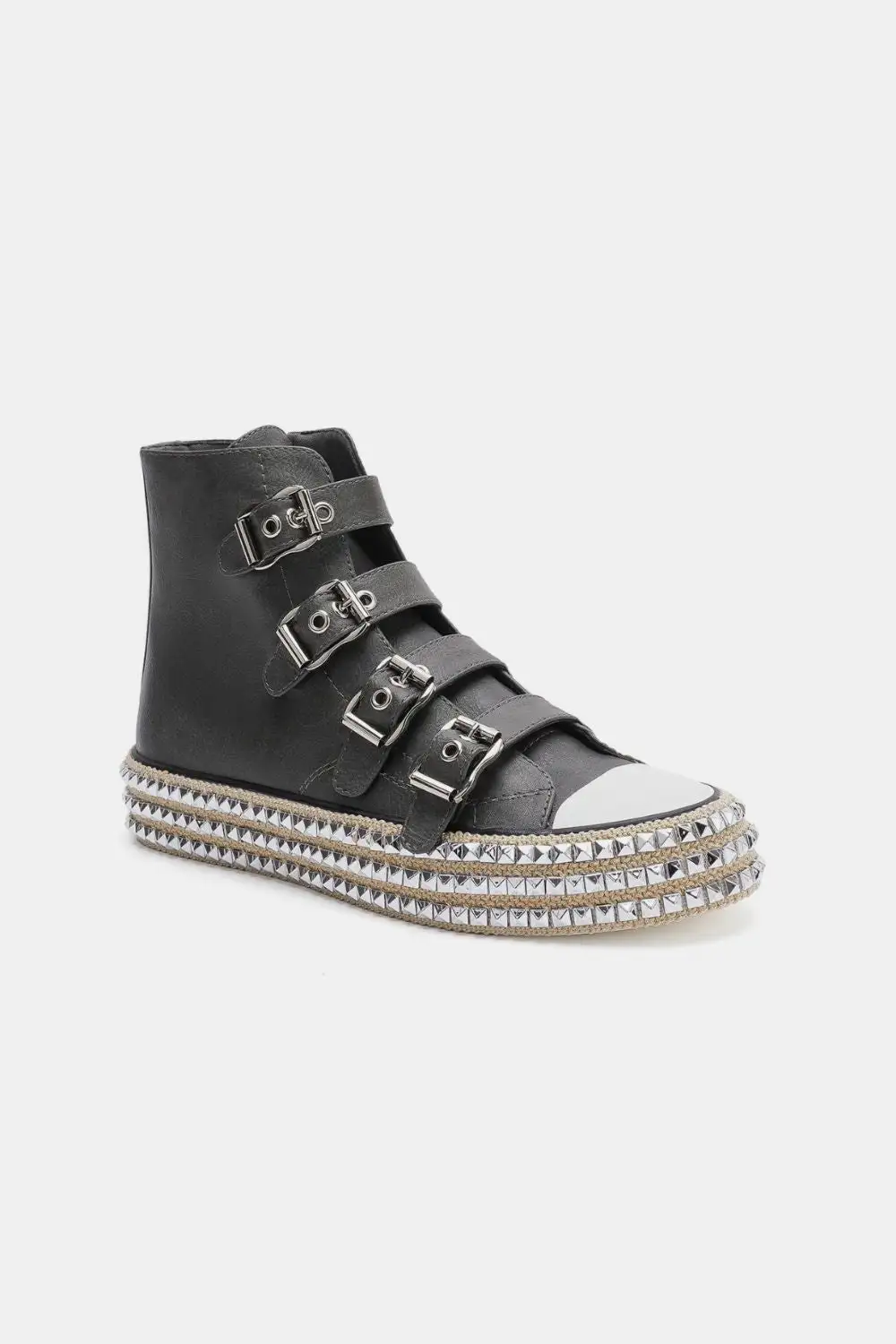 Black Fashion Multi-Buckle Straps Studded Platform Flat Shoes