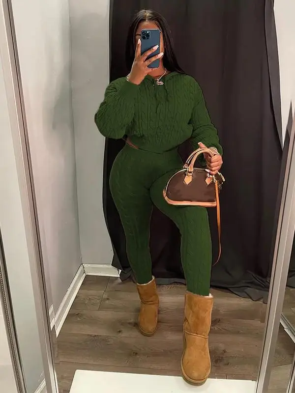 Women's Minimalist Textured Long Sleeve Crop Hooded Sweater& High Waist Skinny Pants Set