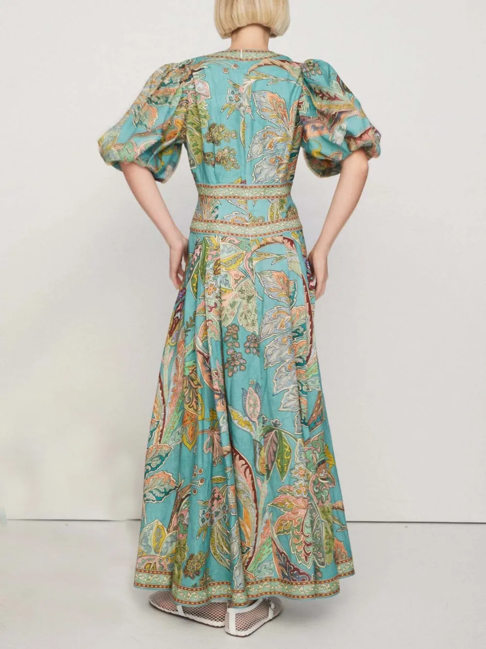 Satin Vintage Floral Print Puff Sleeve Midi Dress