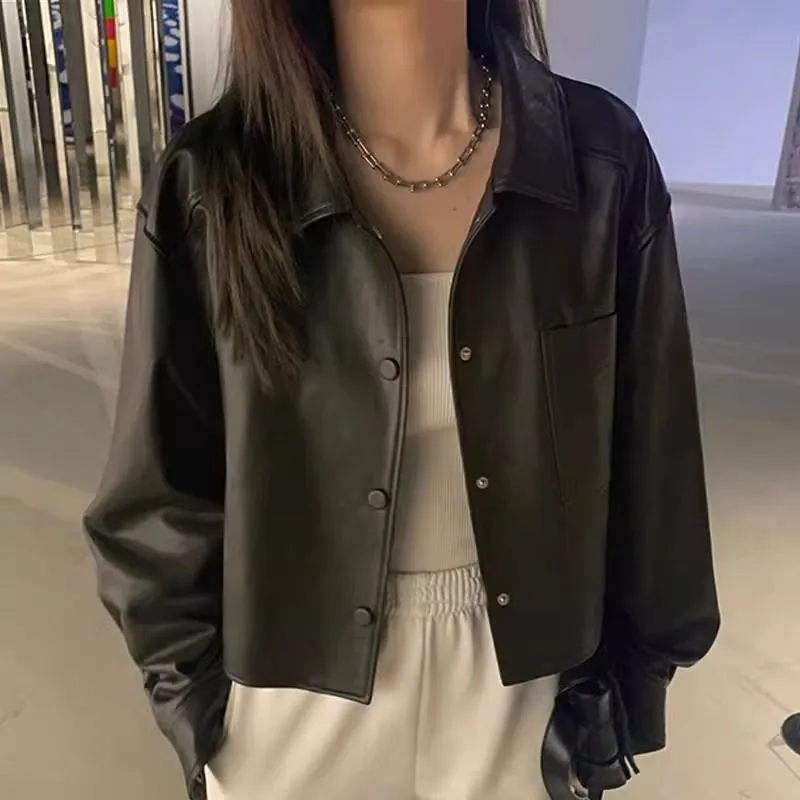 Tailored Faux-Leather Leather Casual Outerwear Jacket