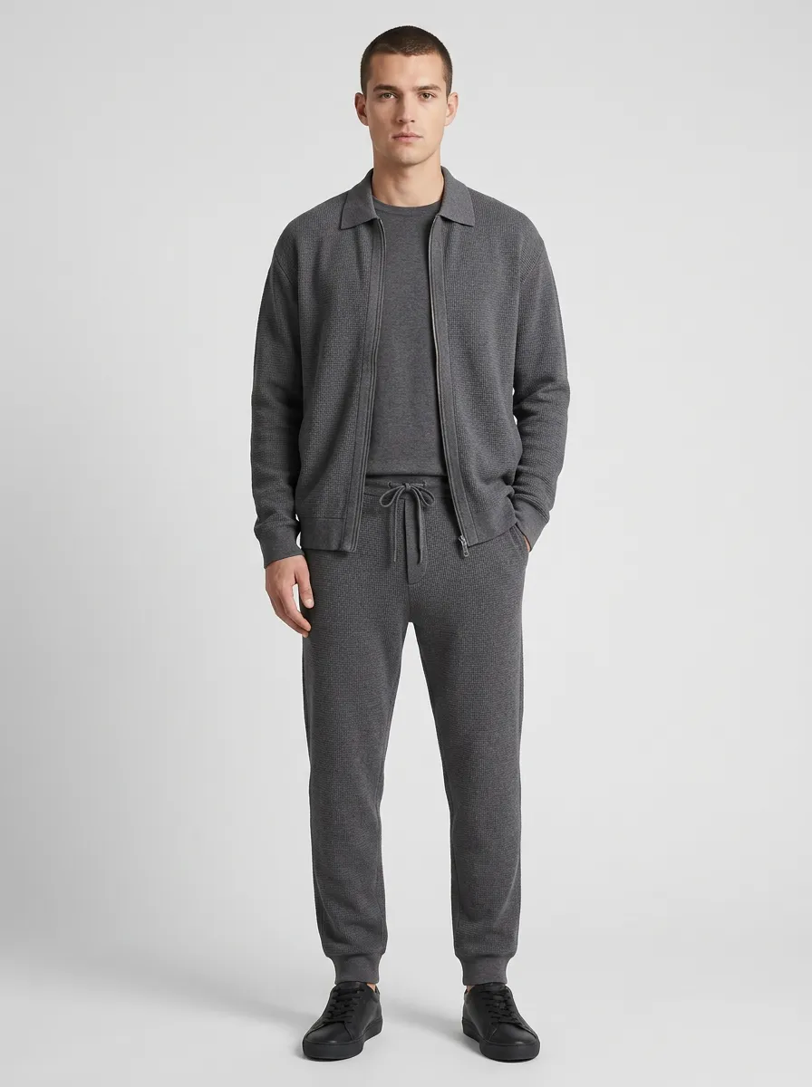 Men's Classic Waffle Textured Minimal Polo Collar Jacket and Jogger Pants Set