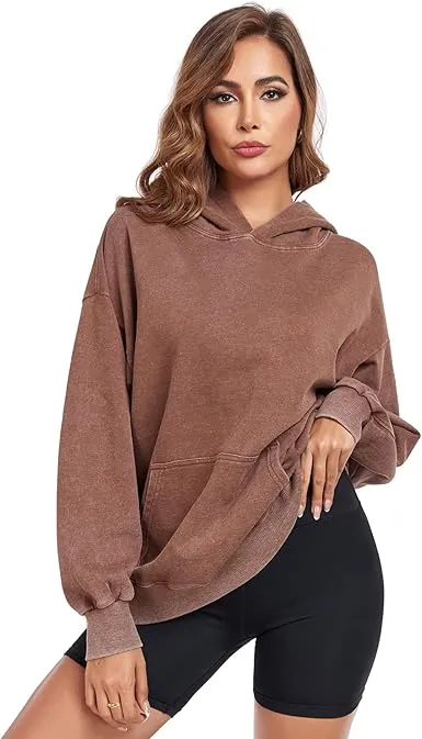 Women's Oversized Acid Wash Cotton Hoodie Minimalist Design Loose Fit with Kangaroo Pocket