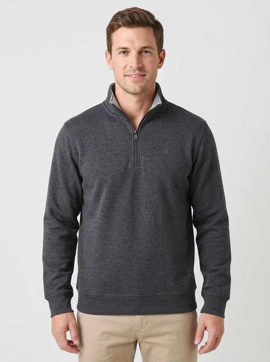 Men's Modern Minimalist Textured Embroidered Emblem Stand-Collar Quarter-Zip Sweatshirt