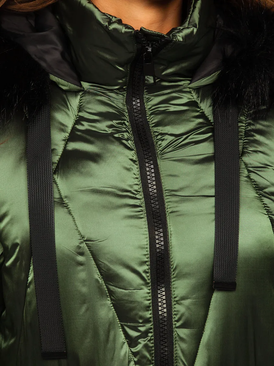 women's green quilted winter jacket with hood