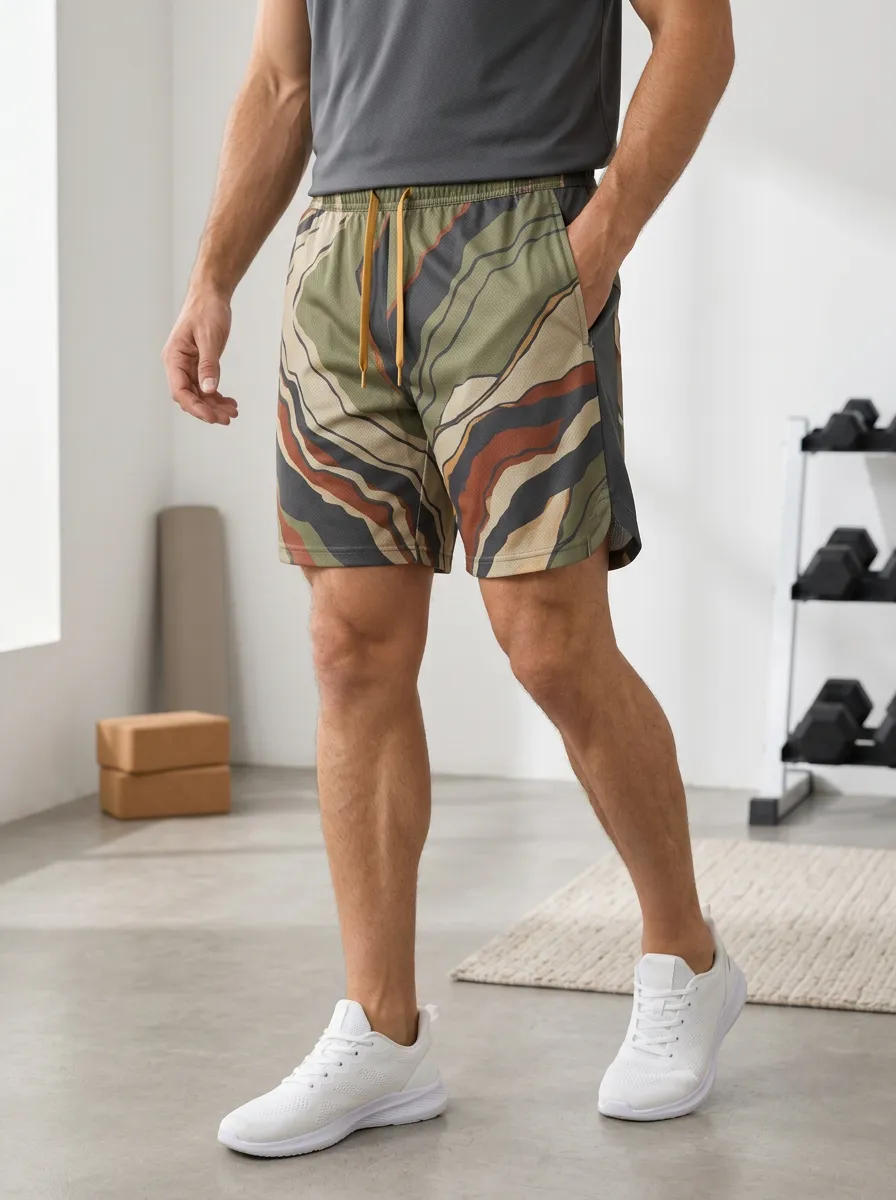 Men's Gym Fitness Abstract Camo Printed Athletic Shorts