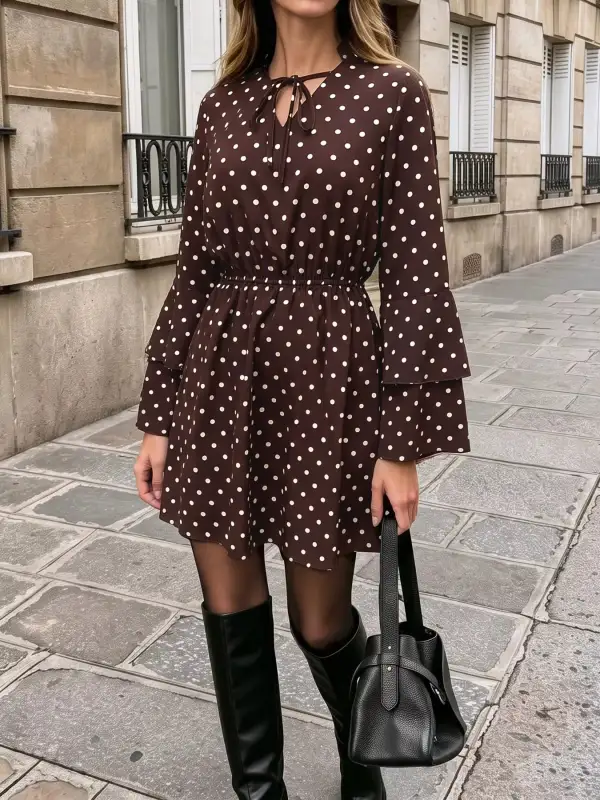 Polka Dot Flare Sleeve Tie Neck Dress