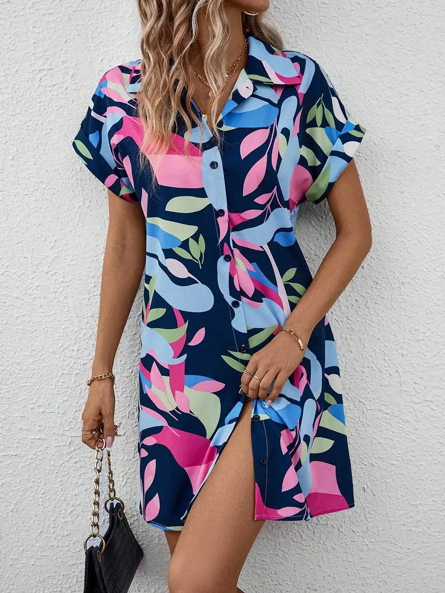 Short Sleeve Buttoned Contrast Color Printed Lapel Mini Dress Shirt Dress
