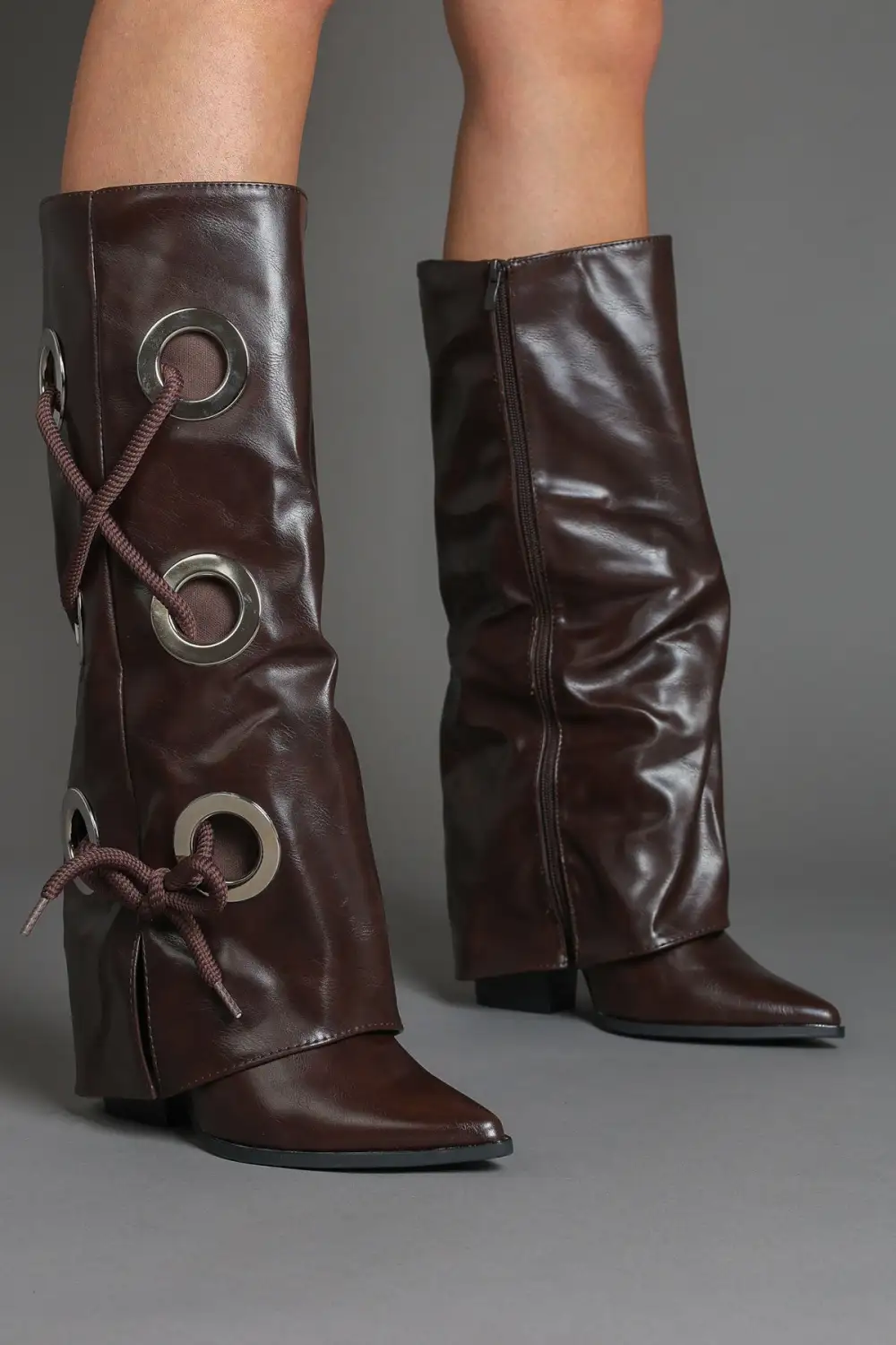 Fold-Over Lace Detail Pointed Toe Faux Leather Knee High Boots