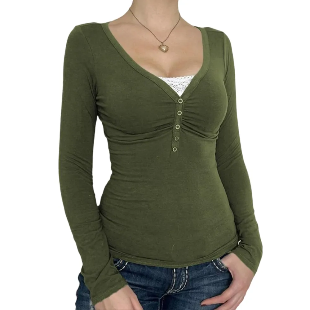 Women's Contrast Lace Button V Neck Tee