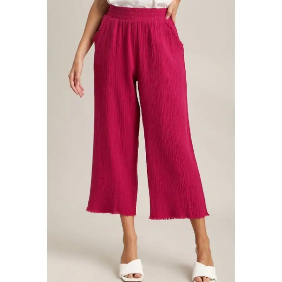 Full Size Raw Hem Elastic Waist Wide Leg Pants Plus Size
