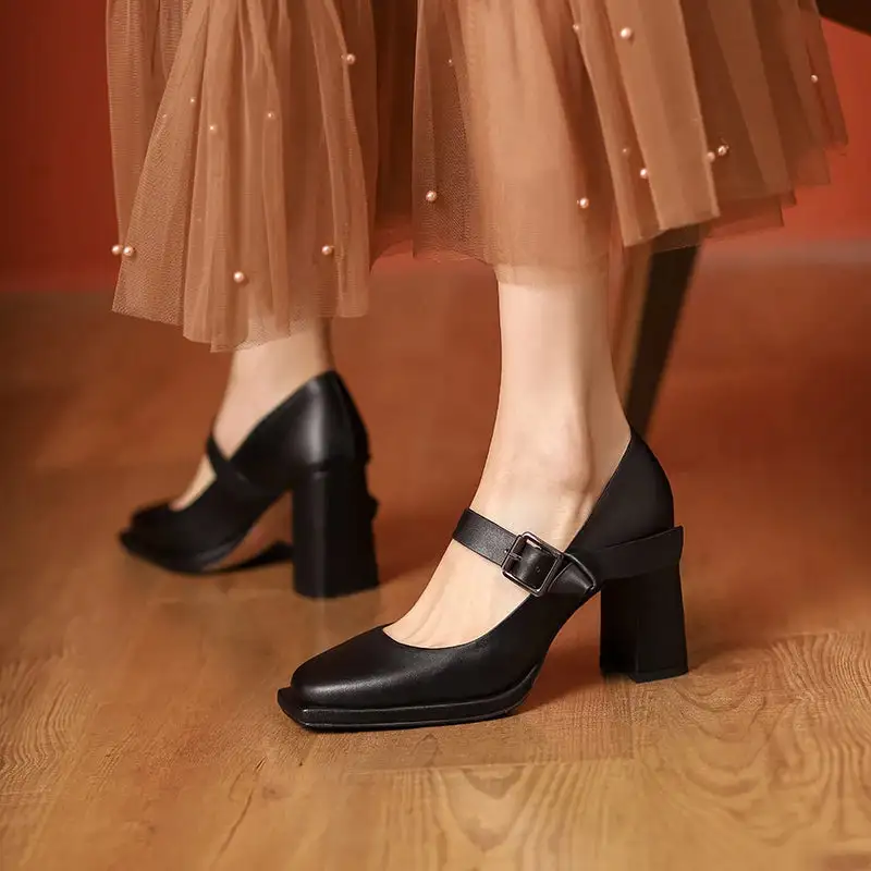 Round Toe Lace Up Buckle Strap Chunky Heel Pumps