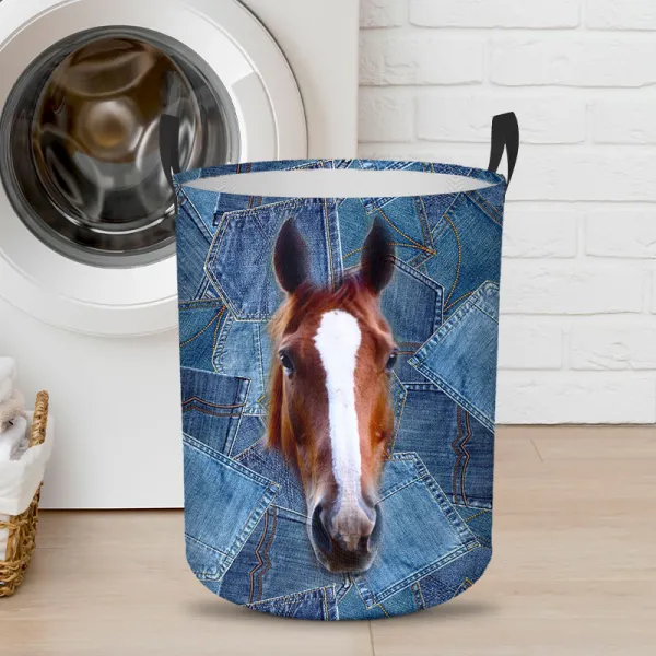 Laundry Jeans Spliced 3D Horse Print Functional Laundry Basket