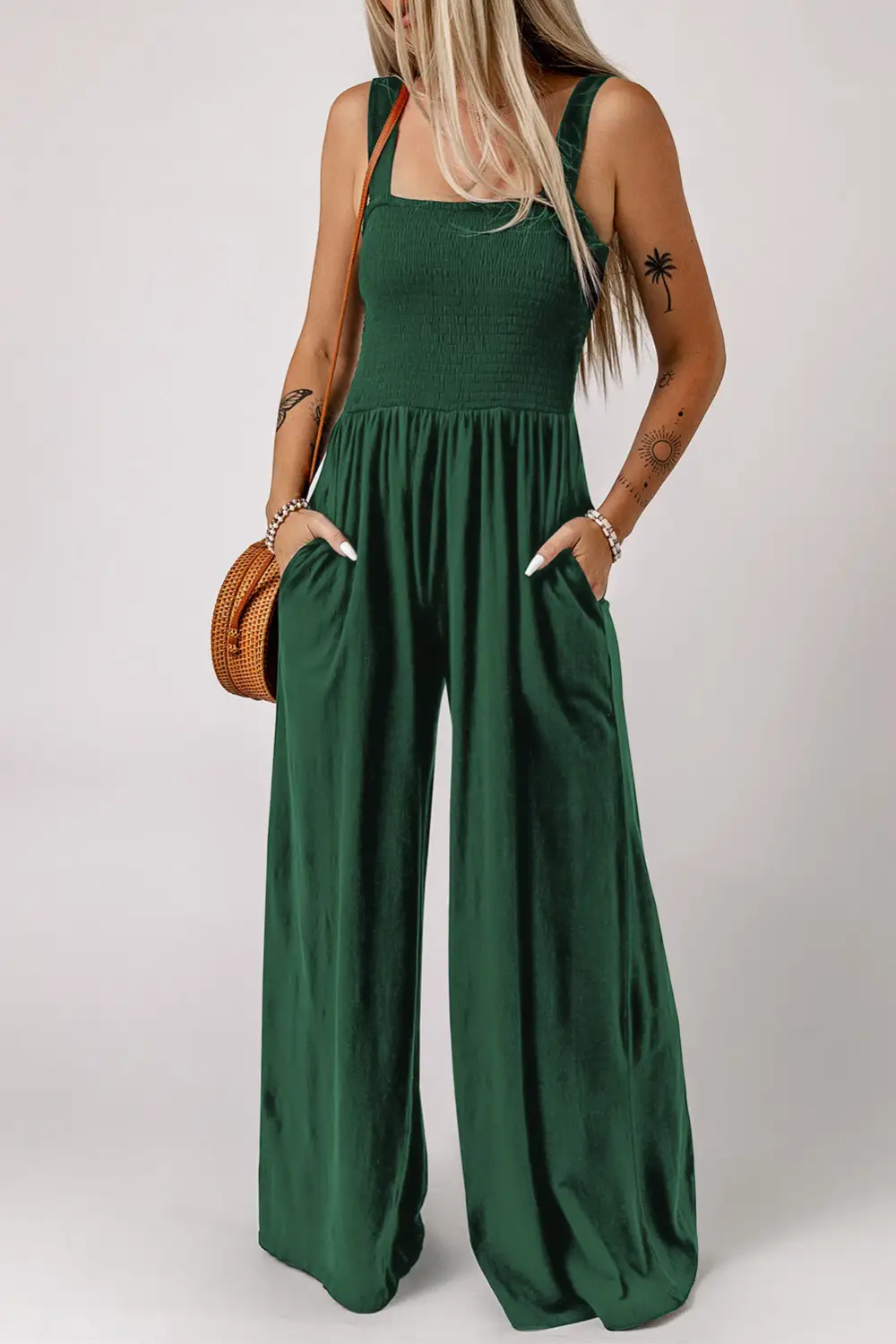 Smocked Square Neck Wide Leg Jumpsuit