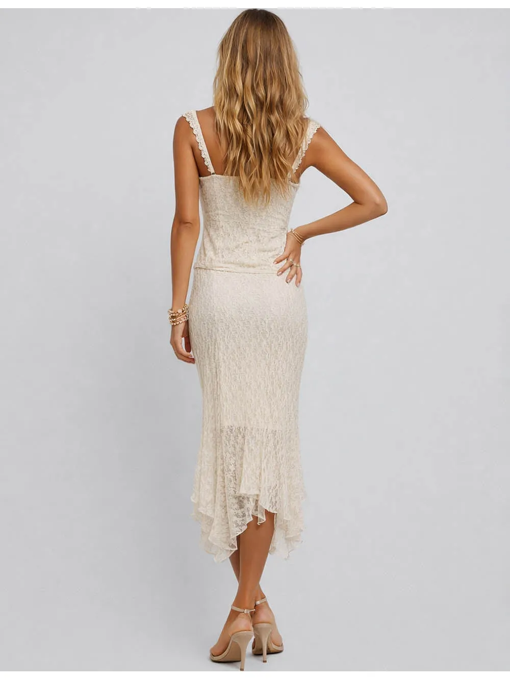 Lace Irregular Hem Elastic Waist Midi Skirt
