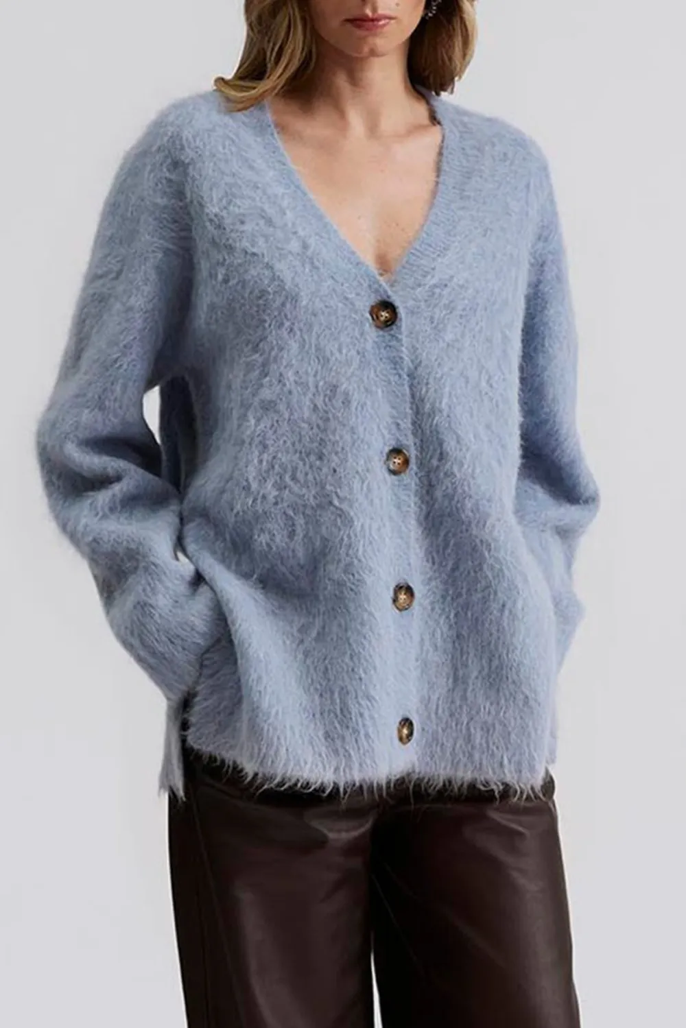 Fuzzy V Neck Button Front Cardigan