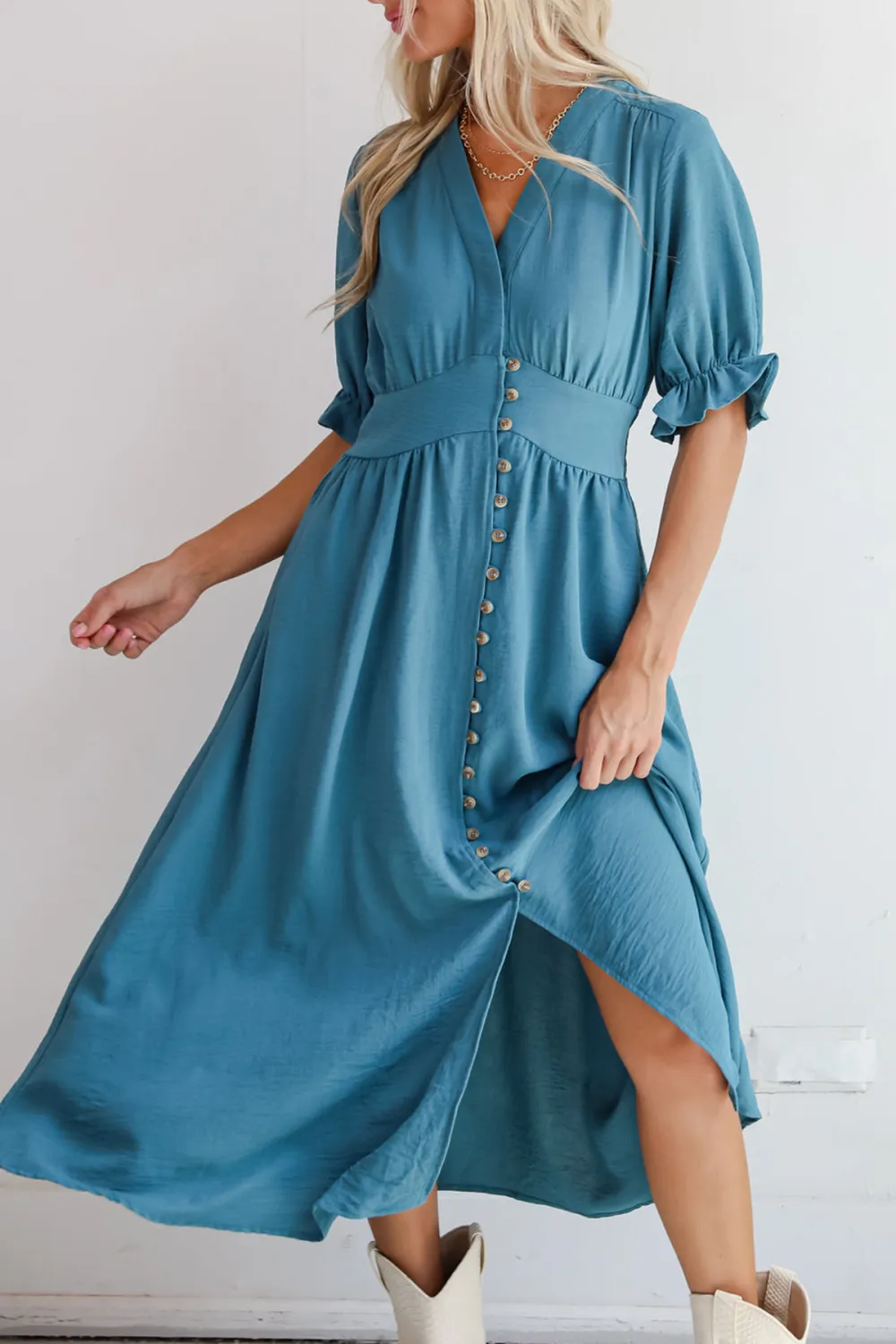 V-Neck Teal Midi Dress
