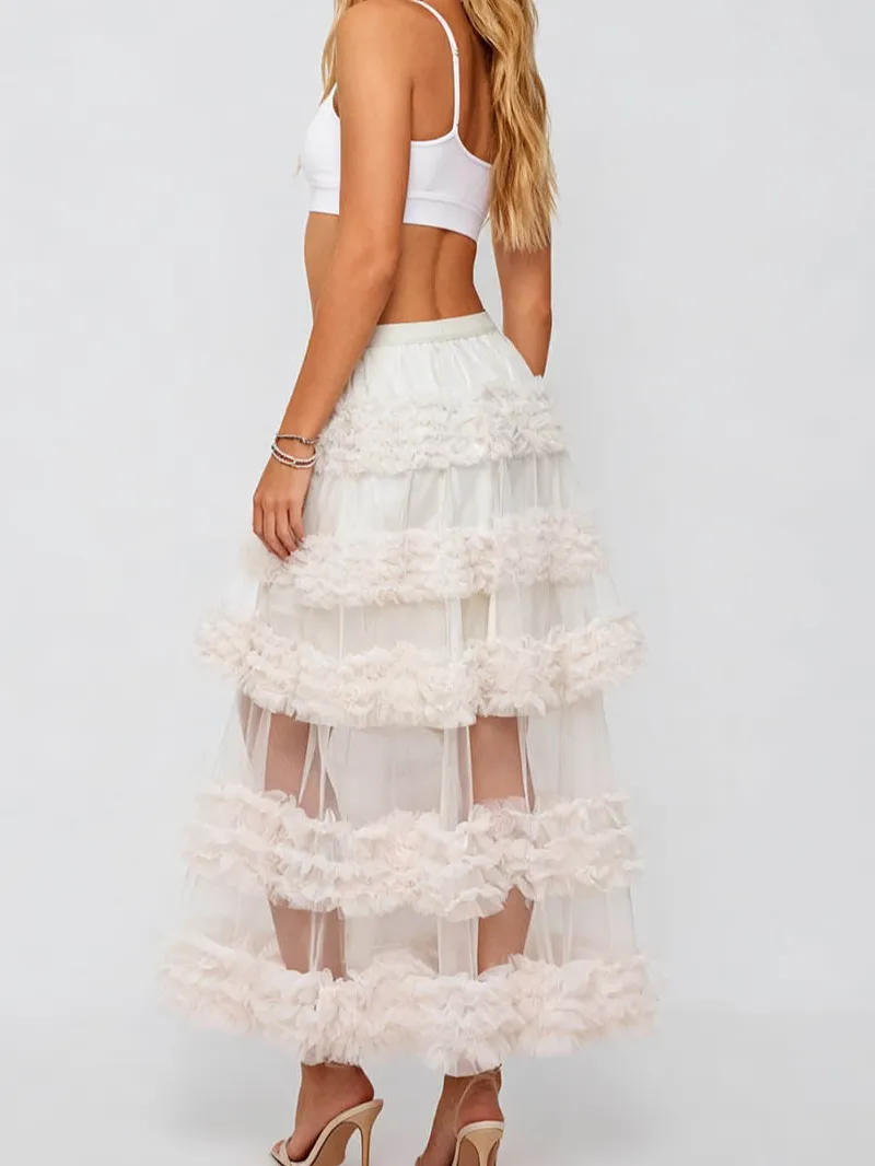 Layered Ruffle Sheer Mesh Elastic Waist Maxi Skirt