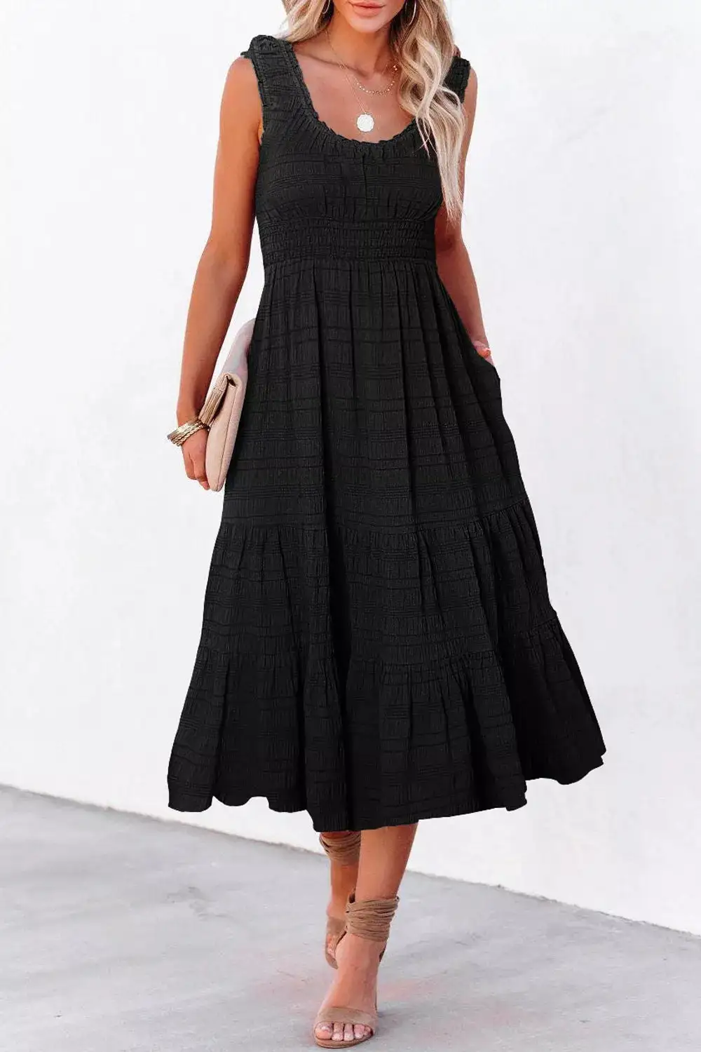 Pocketed Tiered Smocked Dress Casual