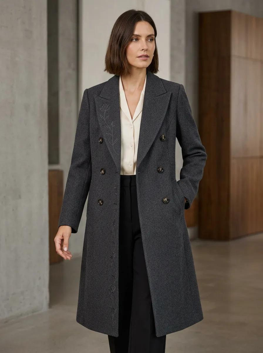 Women's Floral Embroidered Charcoal Wool Coat
