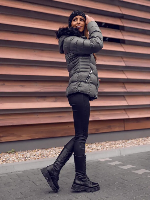women's gray quilted winter jacket with hood