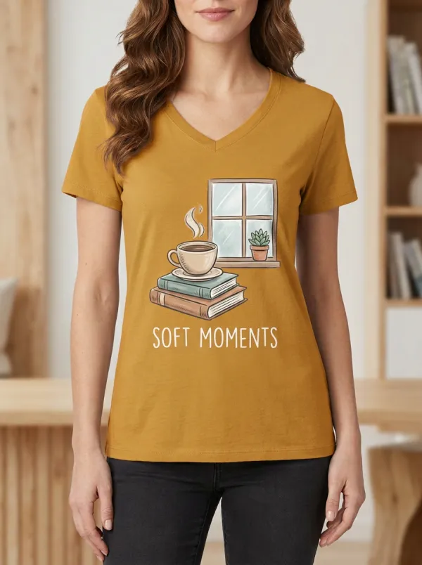Women's Book Coffee Soft Moments Print V-Neck T-Shirt
