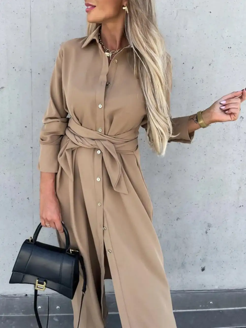 Textured Detail Button Front Long Sleeve Shirt Dress