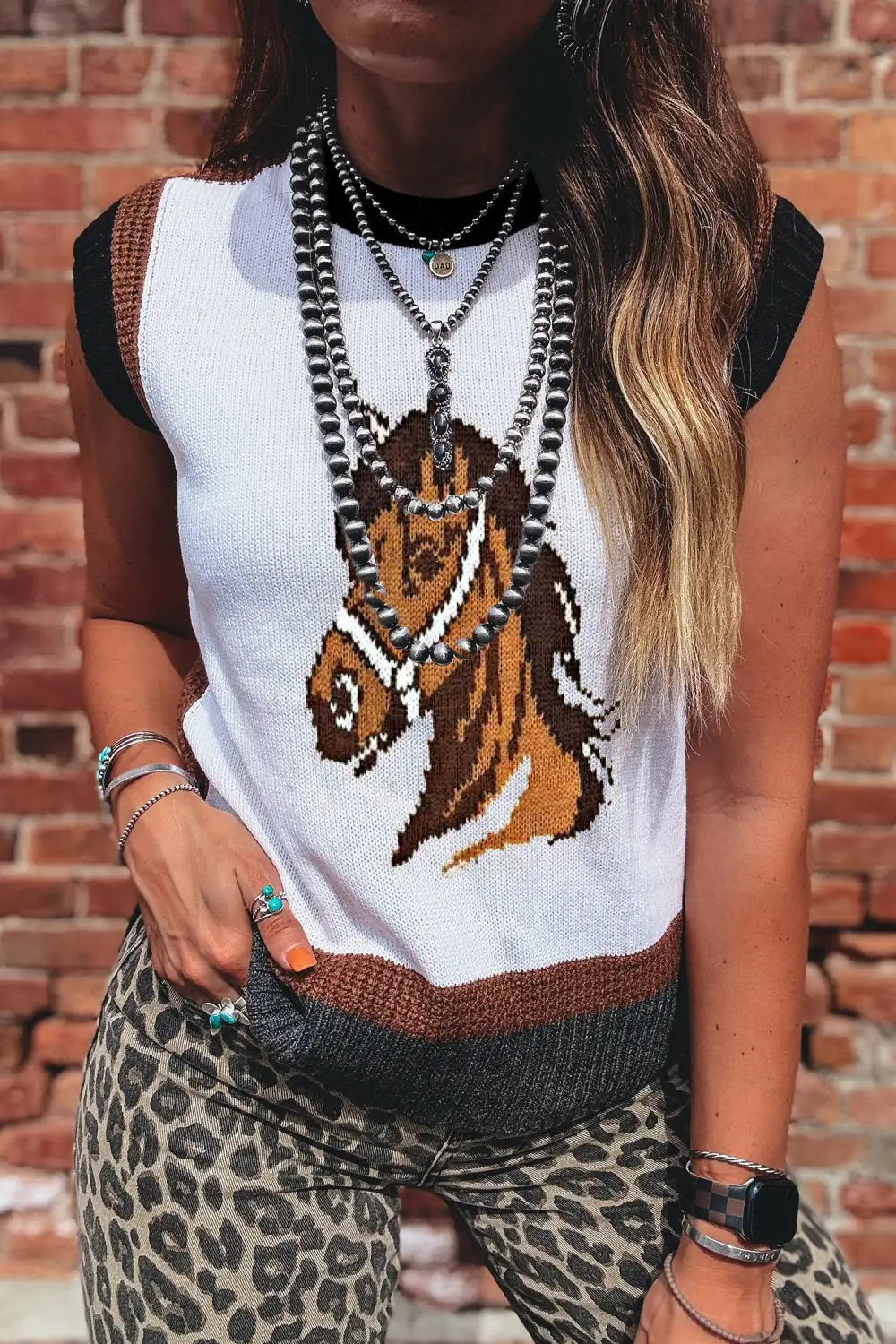 Western Horse Head Colorblock Trim Sweater Vest
