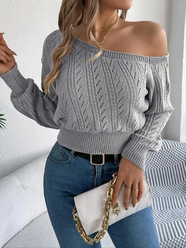 Women's Plain Textured Hollow Out Asymmetrical Neckline Longsleeves Sweater Knitwear, Elegant Casual Raglan Sleeve Long Sleeve Jumper for Fall & Winter, Fashion Ladies' Knitwear for Daily Wear, Women's Clothing, Go Out Tops, Trending Clothing Women