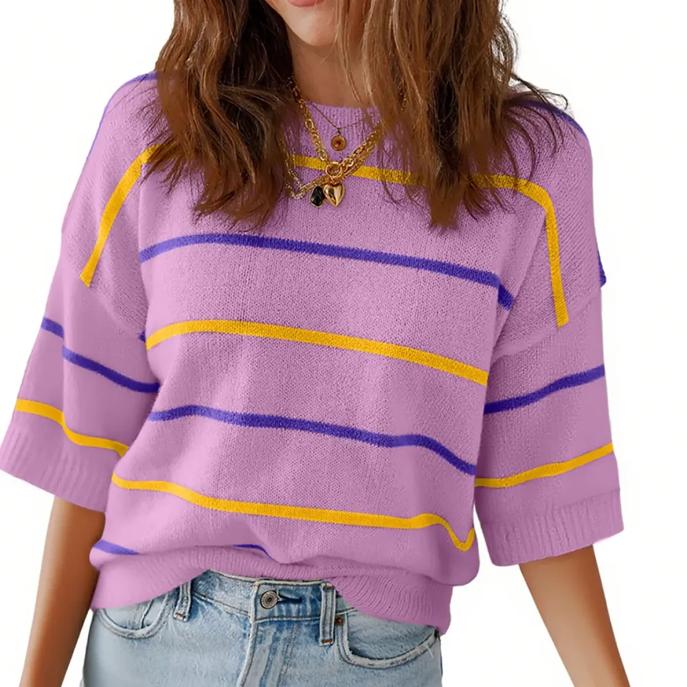 Women'S Short-Sleeved Striped Sweatshirt For Spring And Summer