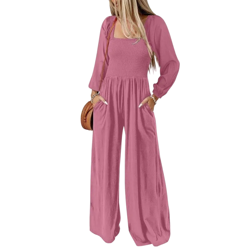 Women's Wide Leg Jumpsuit - Long Sleeve Loose Fit Overalls with Pockets