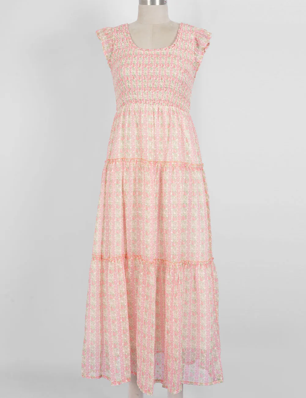 Ruffle Sleeves Tiered Hem Smocked Maxi Dress