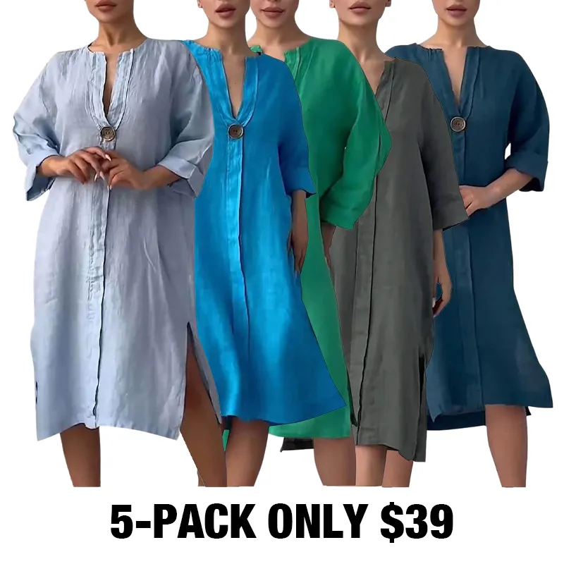 Women'S Solid Color Casual Cotton And Linen Dress-5-PACK