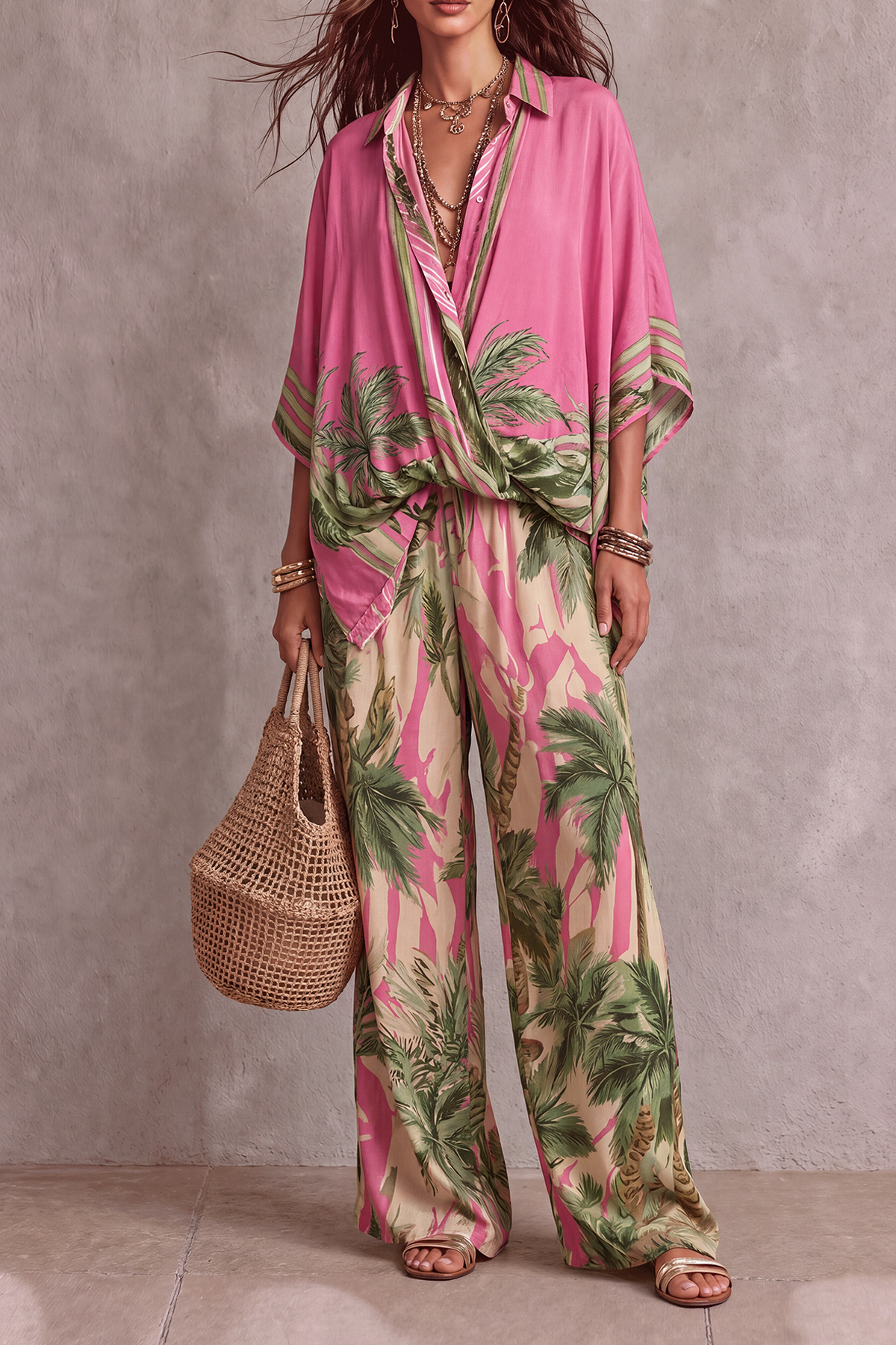 Batwing Sleeve Printed Matching Pants Set