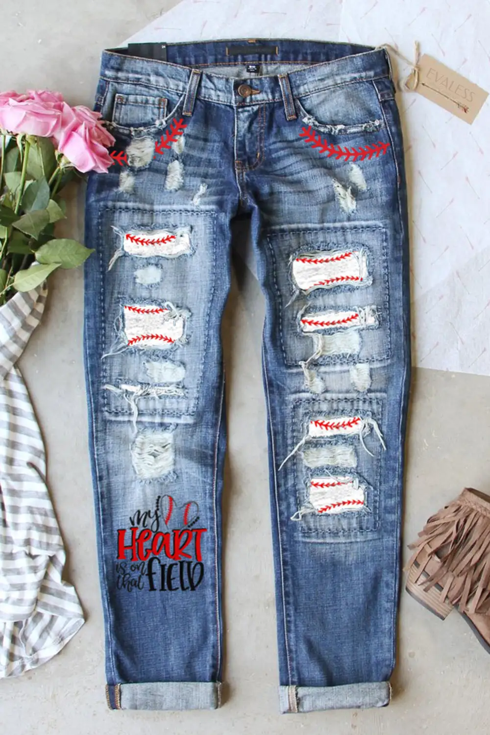 Baseball Ripped Denim Jeans