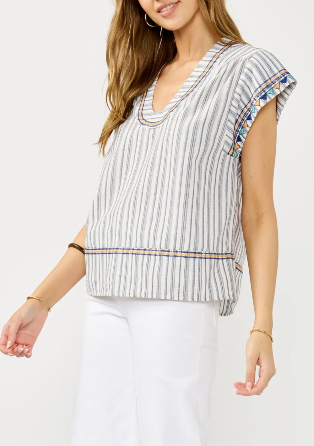 Embroidered Striped Crew Neck Blouse