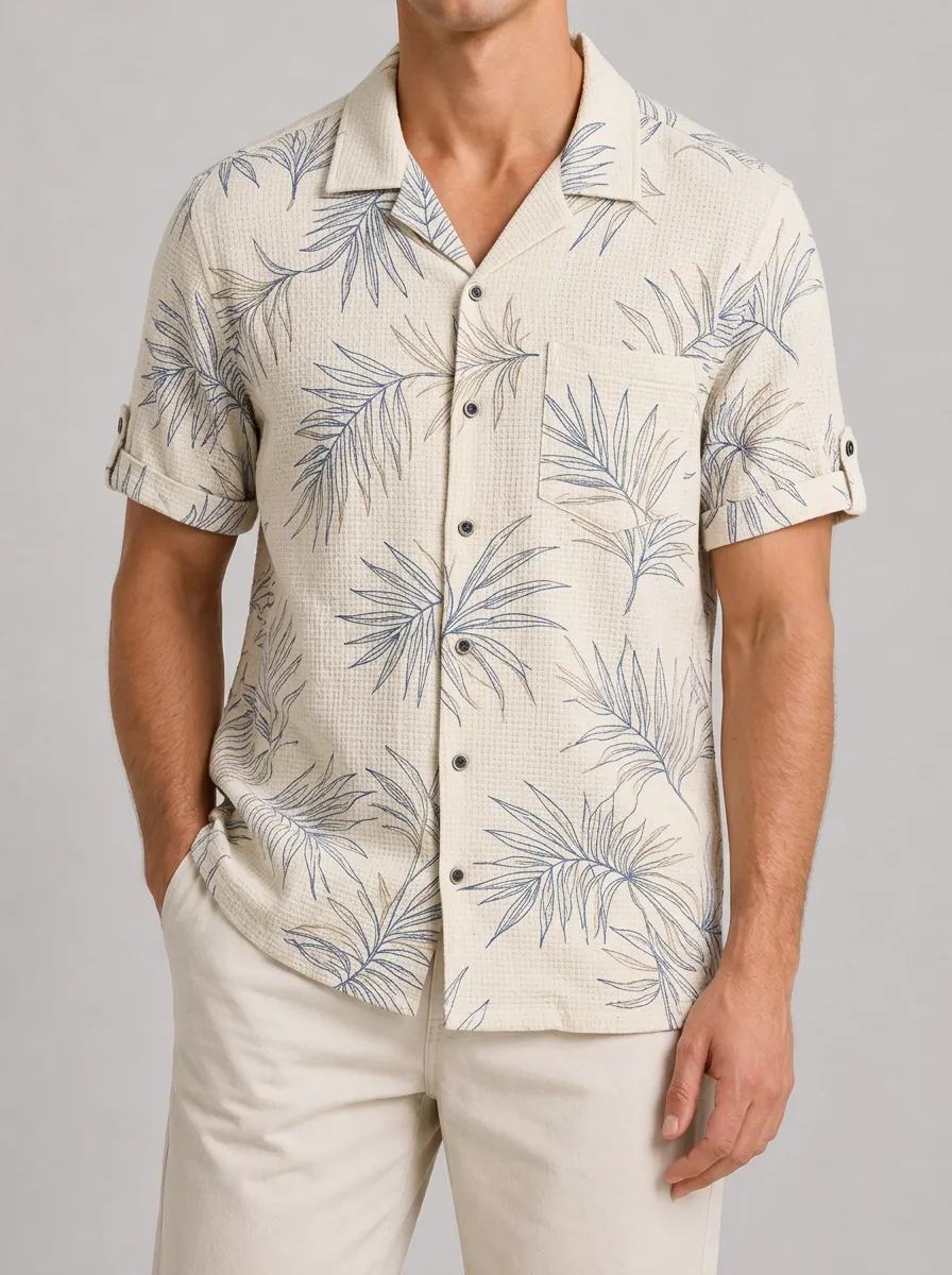 Men's Tropical Summer Leaf Printed Waffle Knit Shirt