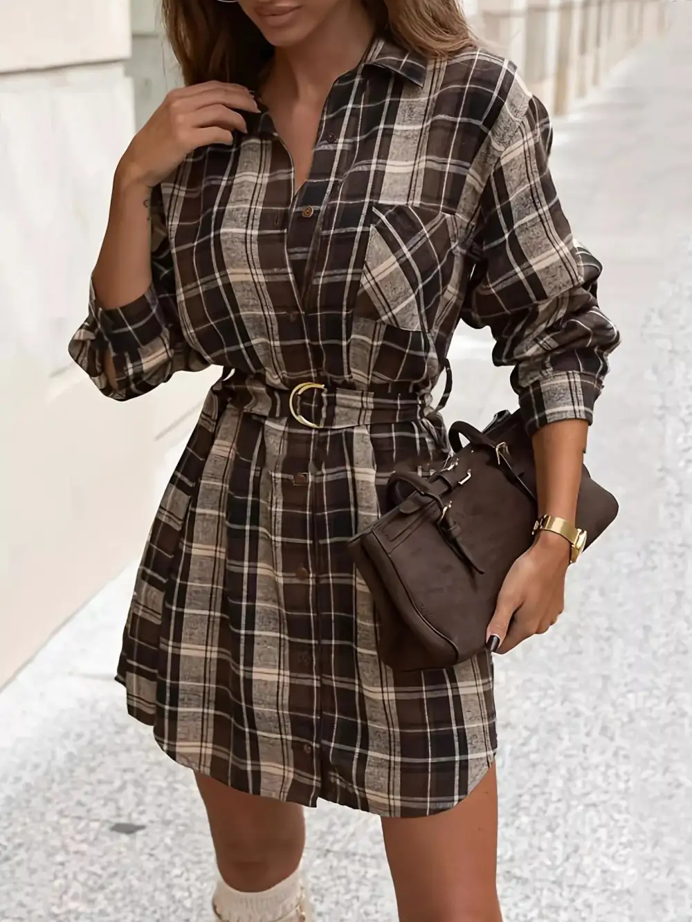 Plaid Button Front Shirt Dress