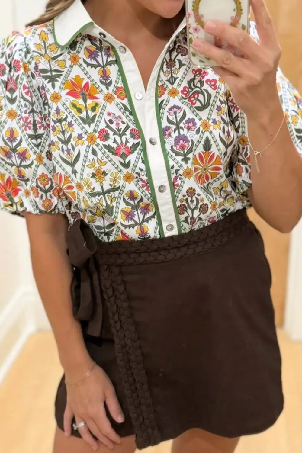 Floral Bubble Sleeve Casual Shirt
