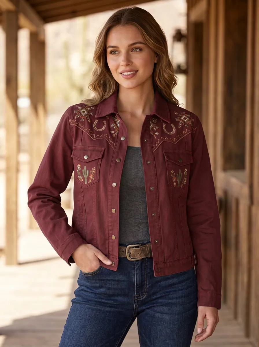 Women's Western Cowgirl Horseshoe Horse Cactus Embroidered Jacket