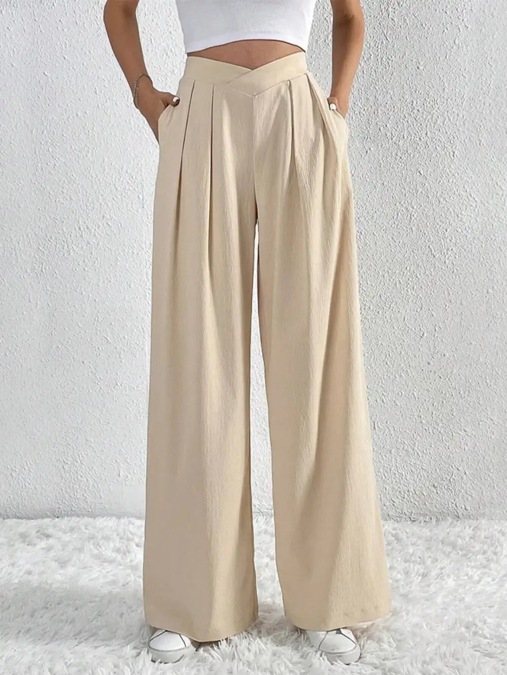 V Waisted Ruched Front Wide Leg Pants