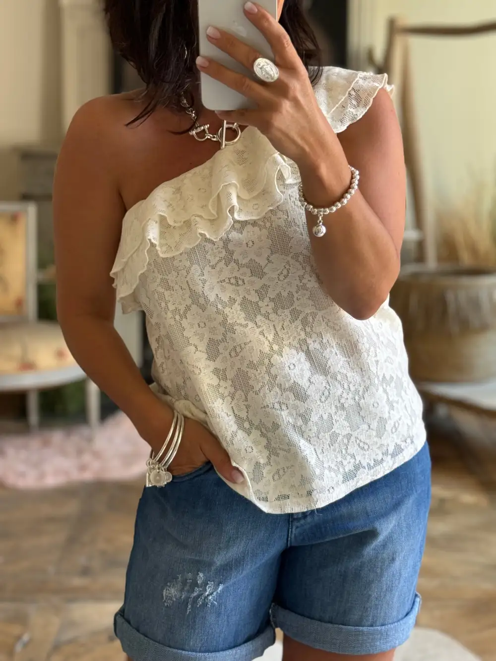 Cotton Lace-Trim One-Shoulder Blouse