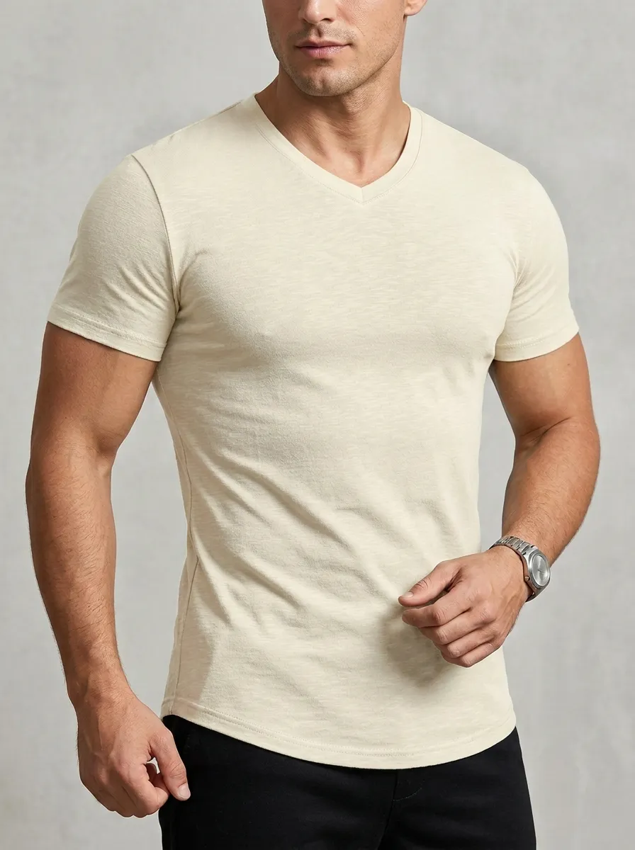 Casual Ribbed Textured Curved Hem Style Men's Slim Fit Short Sleeve T-Shirt