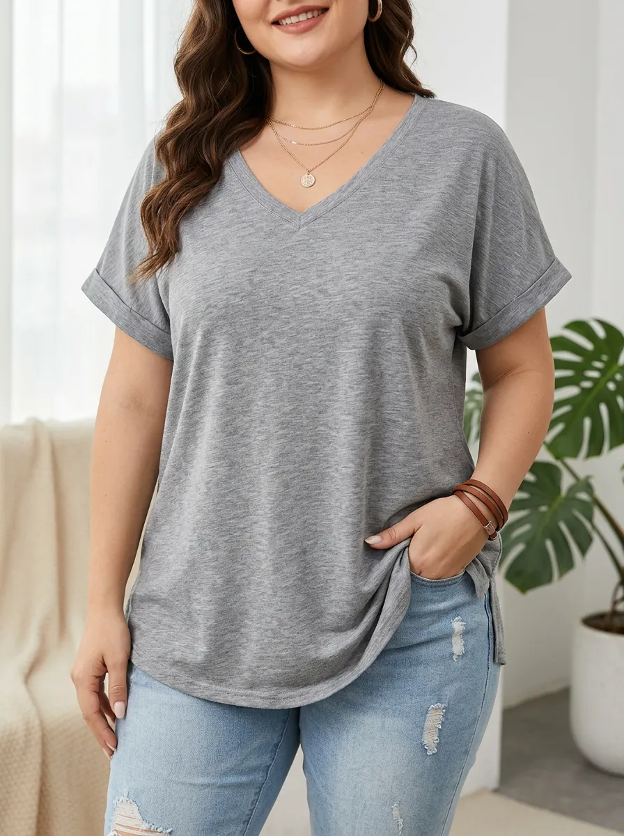 Women's Plus Size Casual Grey Rolled Sleeve V-Neck T-Shirt