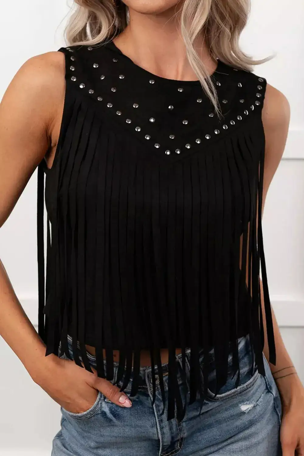 Studded Fringe-Detail Sleeveless Top