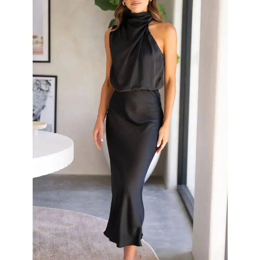 Asymmetrical Ruched Sleeveless Midi Dress