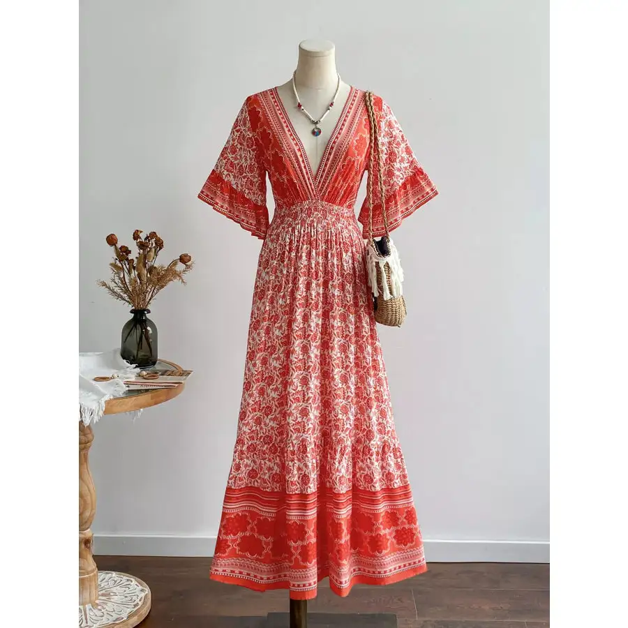 Floral Deep V Neck Dress
