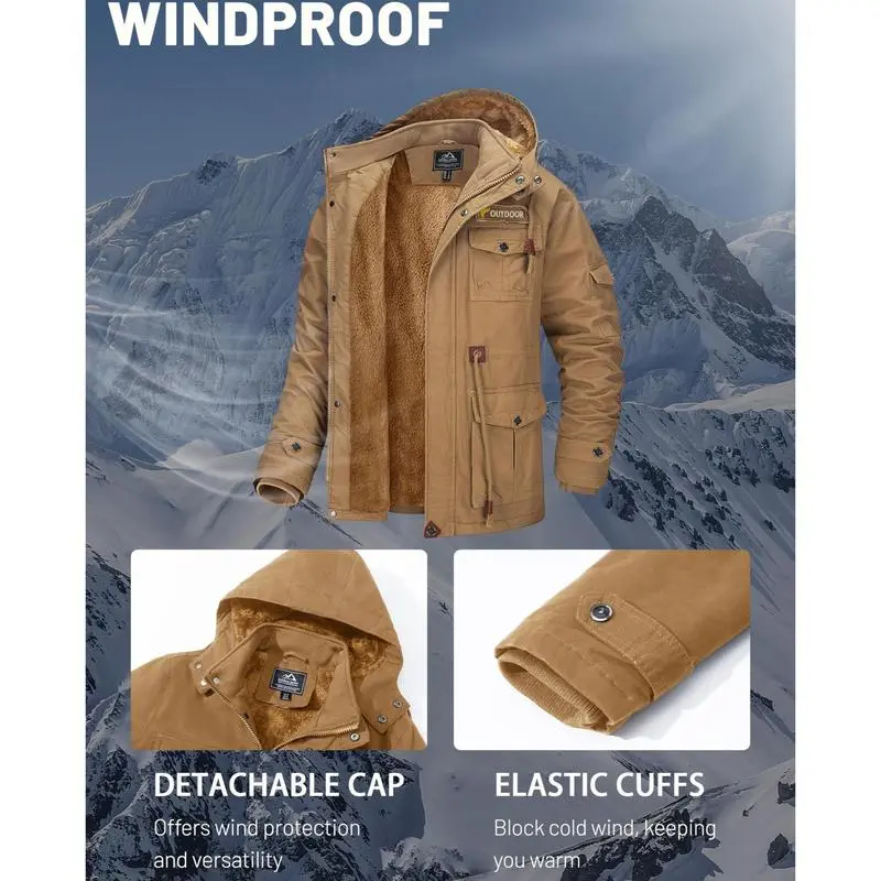 Men's Winter Coat Jacket Fleece Lined Parka Cotton Cargo Jacket Menswear Tops Long Sleeve Warm Thermal Hoodie