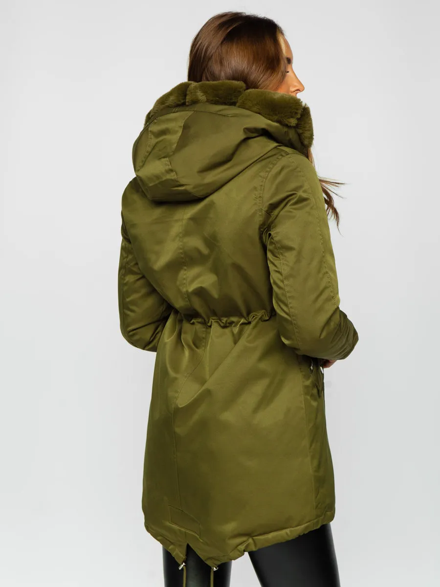 Khaki women's winter parka with hood