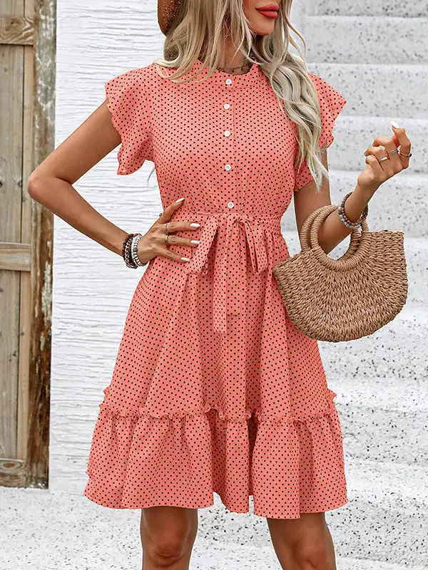 A Line Relaxed Buttoned Pleated Polka Dot Tied Waist Round Neck